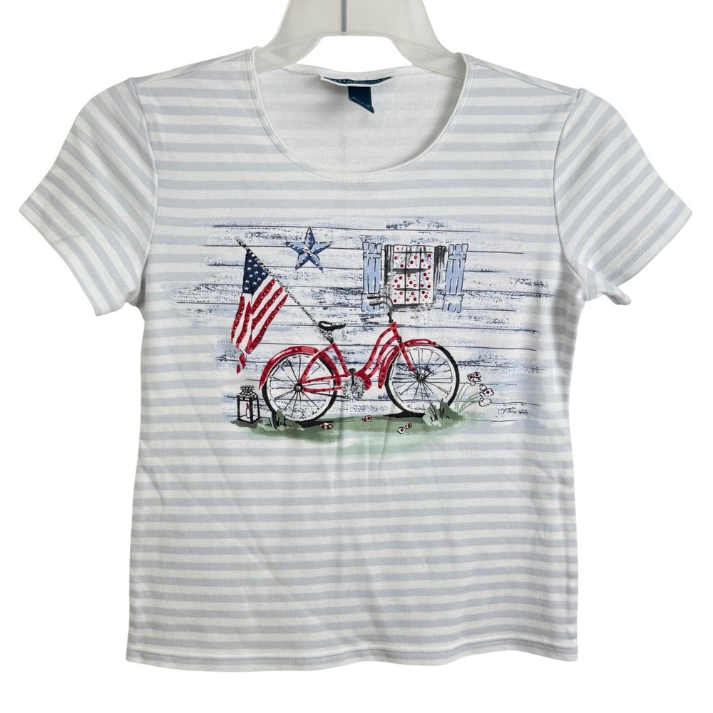 Karen Scott Petite American‎ Flag Bicycle Rhinestone Tee PS Patriotic Top